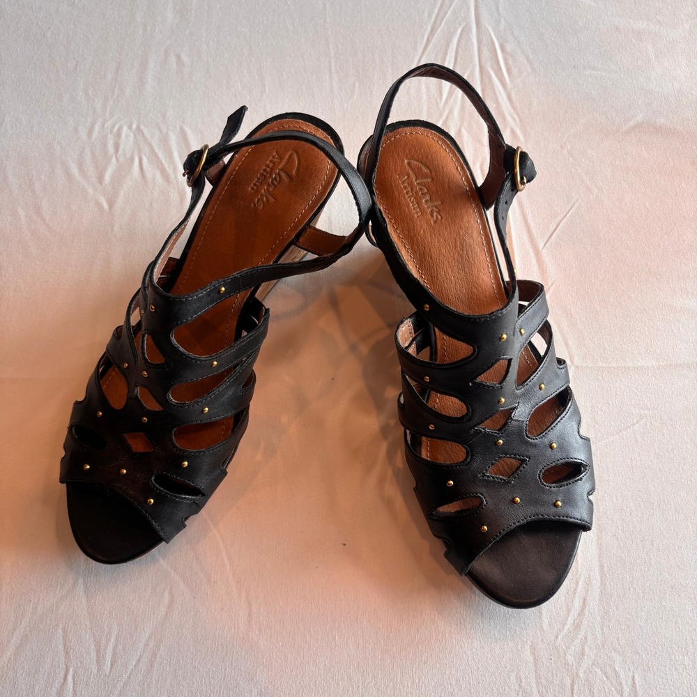Clarks Artisan Womens Black Leather Studded Cage Wedge Sandals 8M 64130‎